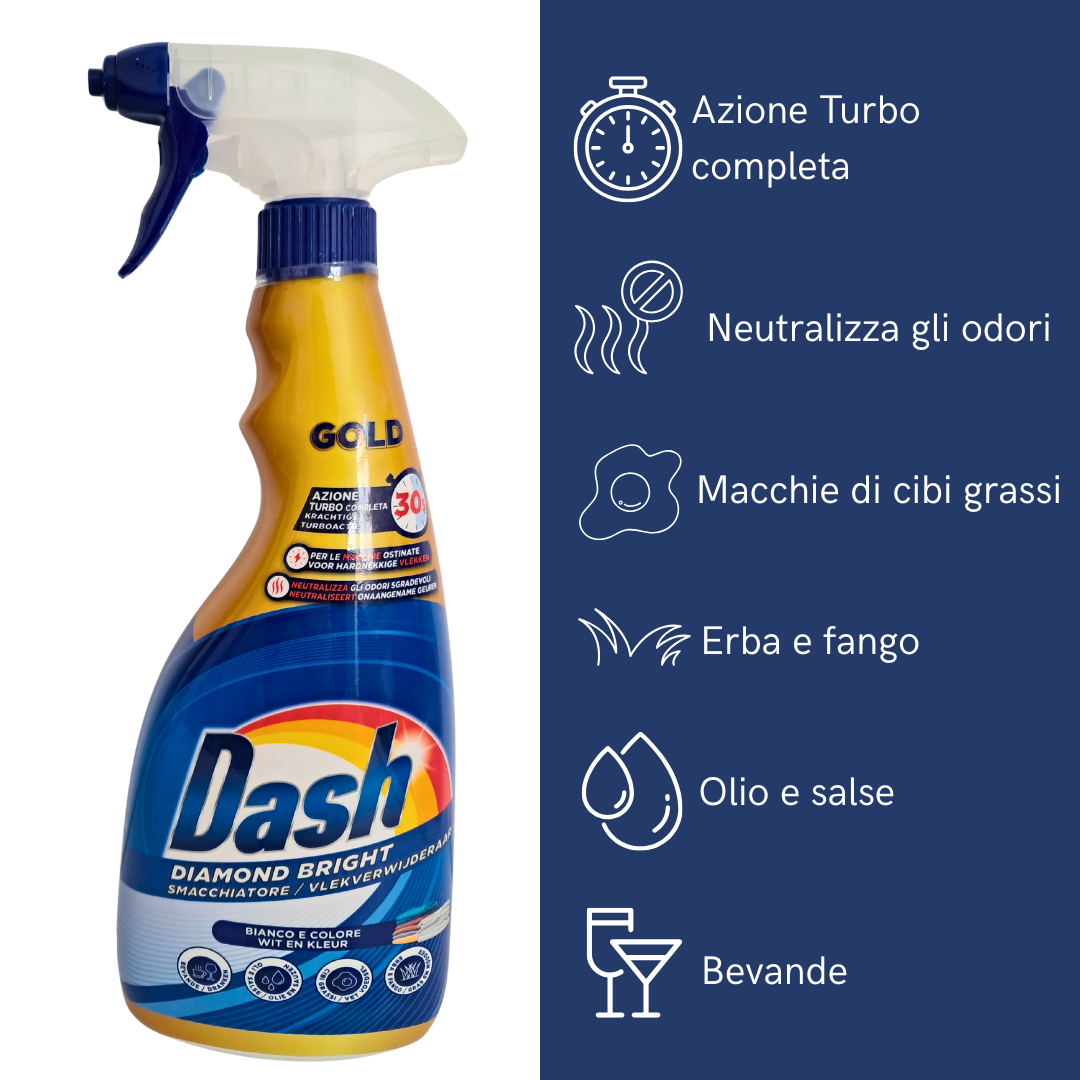 Dash Diamond Bright GOLD Smacchiatore Spray Pre-Trattante - Azione Turbo Completa Rimuovi Macchie di Olio, Grasso, Salse e Fango -Neutralizza Odori- Per Capi Bianchi e Colorati