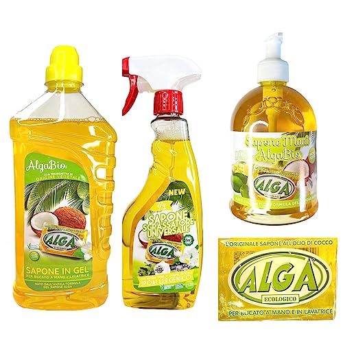 Box Alga Bio-1 sapone gel da 1250 ml- 1 sgrassatore universale da 500 ml- 1 sapone mani da 500 ml e 1 sapone solido da 400 gr