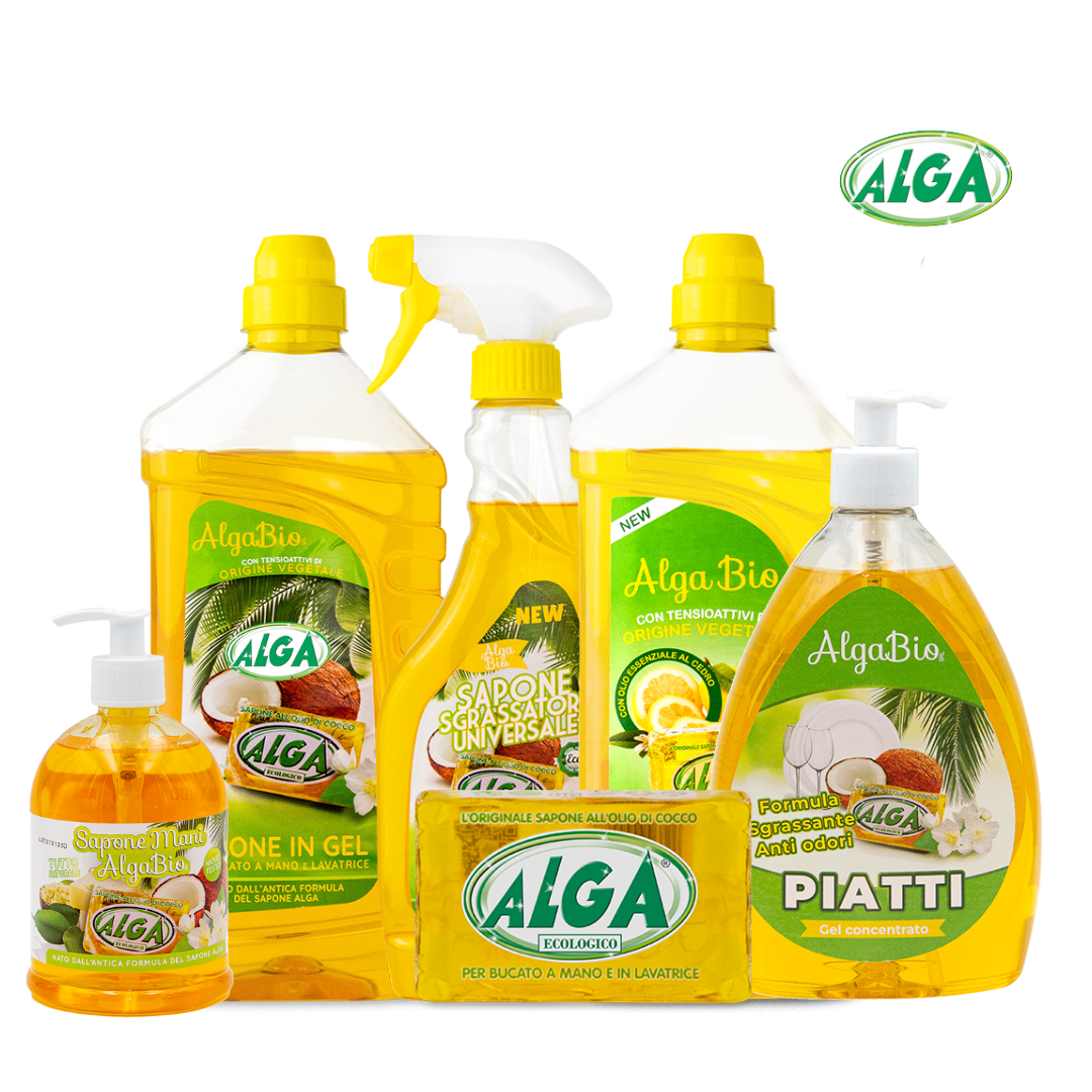 Box Alga- 1 sapone gel 1 sgrassatore 1 sapone mani 1 lavapavimenti 1 sapone piatti 1 saponetta