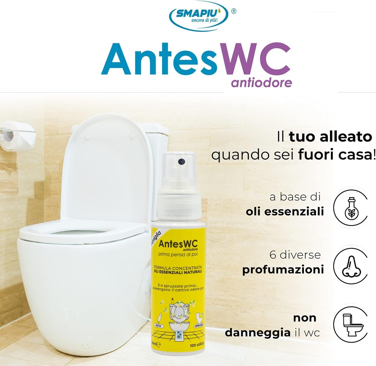 Deodorante Spray per WC a base di oli al muschio bianco Smapiù (1 flacone)