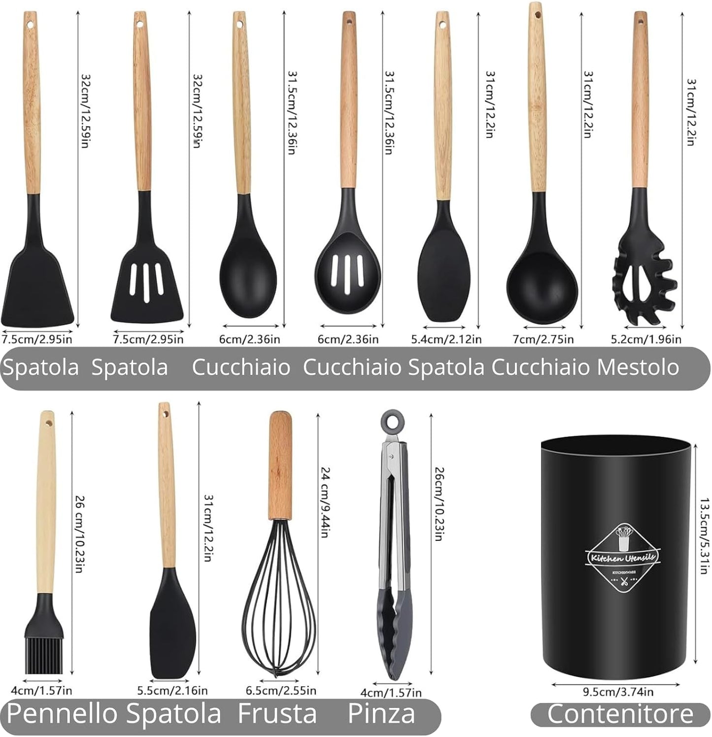 Utensili da cucina neri 12 pezzi