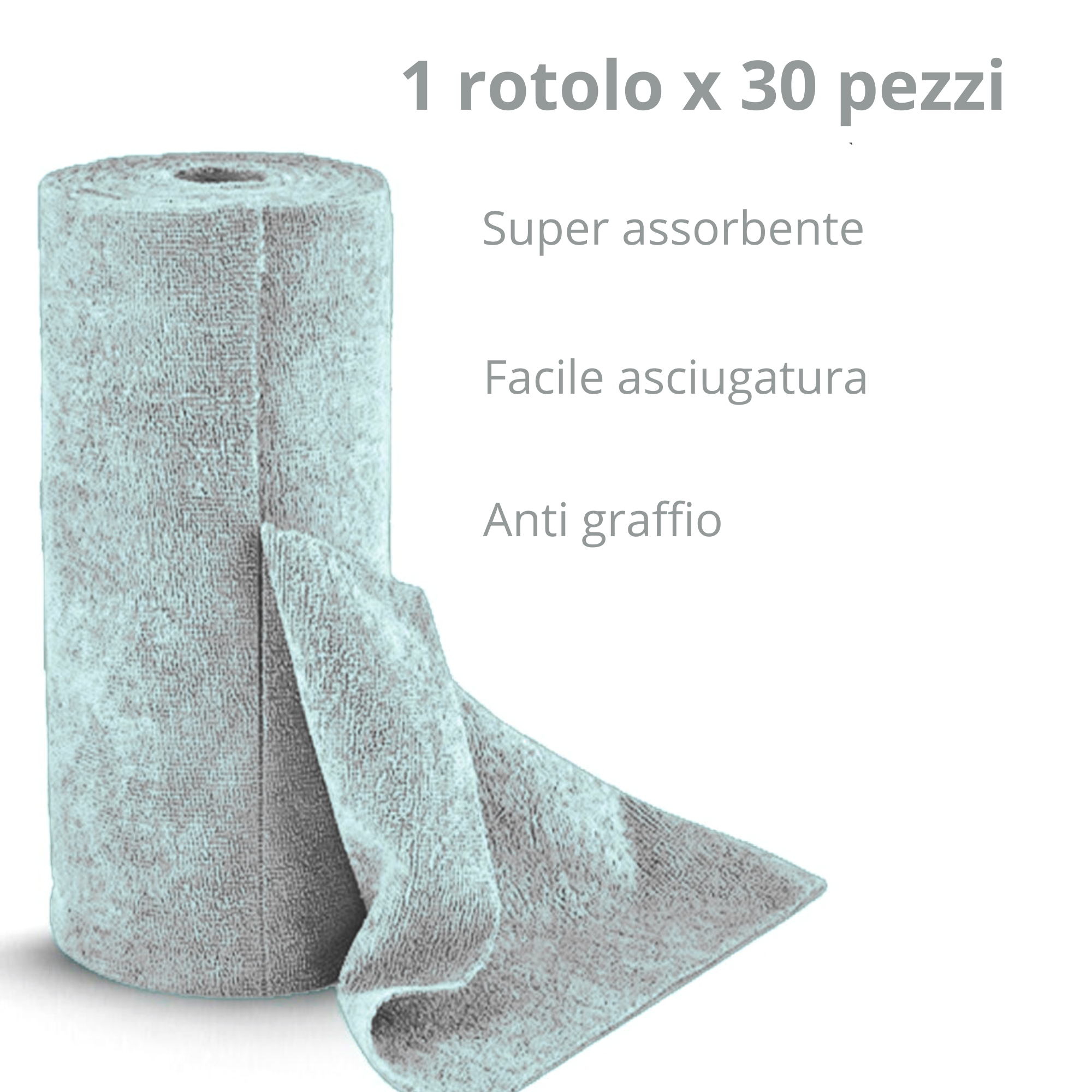 Rotolo panni in microfibra strappabile riutilizzabile lavabile senza pelucchi per pulizia auto casa e cucina 30 strofinacci 30x30 cm per rotolo (Grigio)