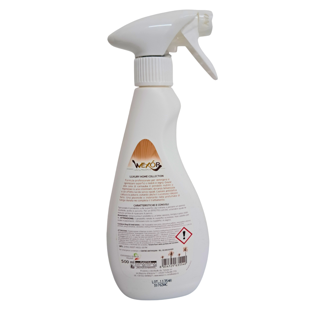 Latte Detergente Igienizzante per Legno con Cera di Carnauba, Professionale, Nutre e Rigenera, Azione Antistatica e Lucidante, per Mobili e Superfici -flacone da 500 ml