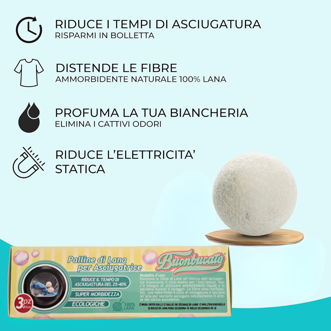 Fatigati Casa Palline di Lana Sfere per Asciugatrice, 100% Lana Naturale, 7 cm, Set da 3 Pezzi, Riduce Tempo Asciugatura 25-40%, Profuma Bucato