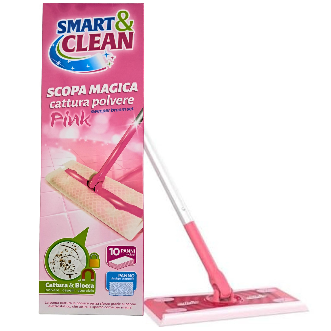 Smart & Clean Scopa Magica Cattura Polvere con 10 Panni Inclusi, Rosa Pink, per Pavimenti Peli Sporco e Capelli