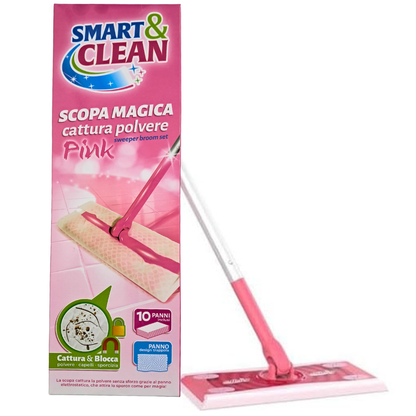 Smart & Clean Scopa Magica Cattura Polvere con 10 Panni Inclusi, Rosa Pink, per Pavimenti Peli Sporco e Capelli