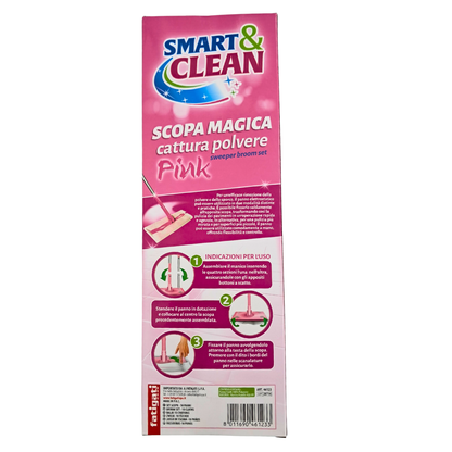 Smart & Clean Scopa Magica Cattura Polvere con 10 Panni Inclusi, Rosa Pink, per Pavimenti Peli Sporco e Capelli