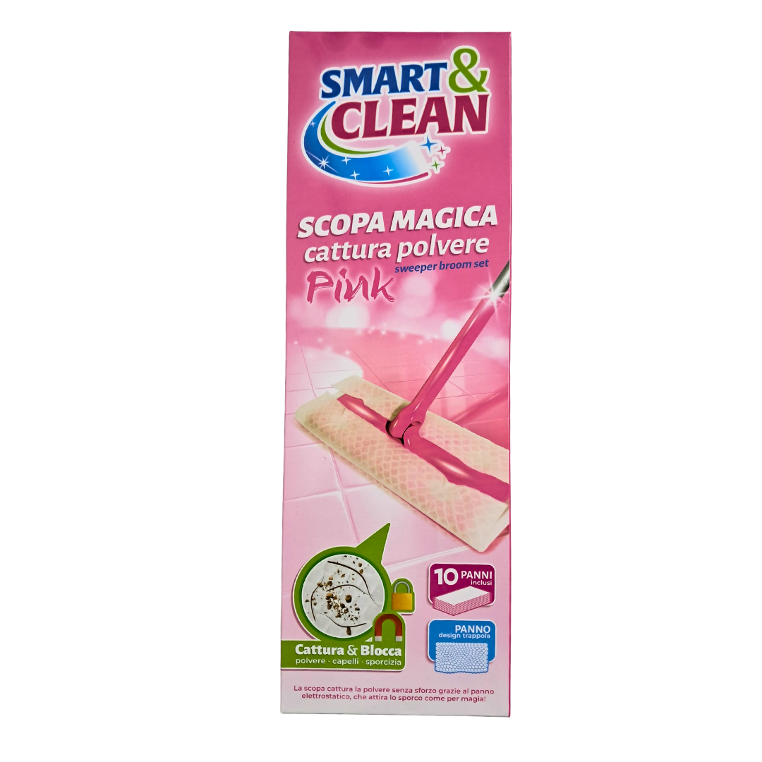 Smart & Clean Scopa Magica Cattura Polvere con 10 Panni Inclusi, Rosa Pink, per Pavimenti Peli Sporco e Capelli