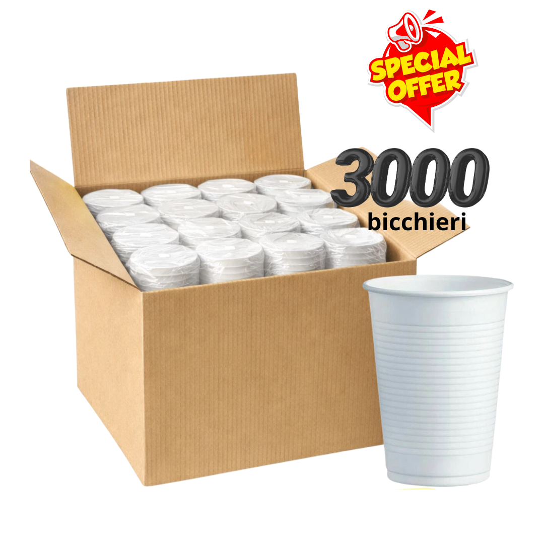 Bicchieri di Plastica Bianchi 200cc Monouso-3000 pz Maxi Scorta Risparmio-Ideali per Feste, Ufficio e Catering e Casa -Per Bevande Fredde, Acqua e Soft Drink-Alta Qualità ed Economici
