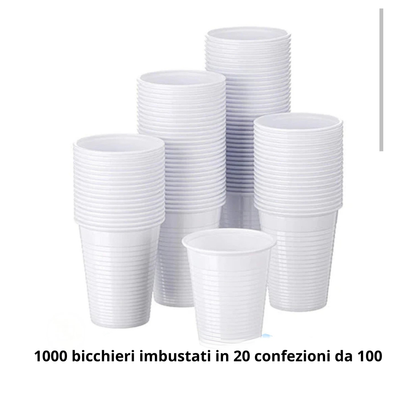 Bicchieri di Plastica Bianchi 200cc Monouso- 1000 pezzi-Ideali per Feste, Ufficio e Catering e Casa -Per Bevande Fredde, Acqua e Soft Drink-Alta Qualità ed Economici