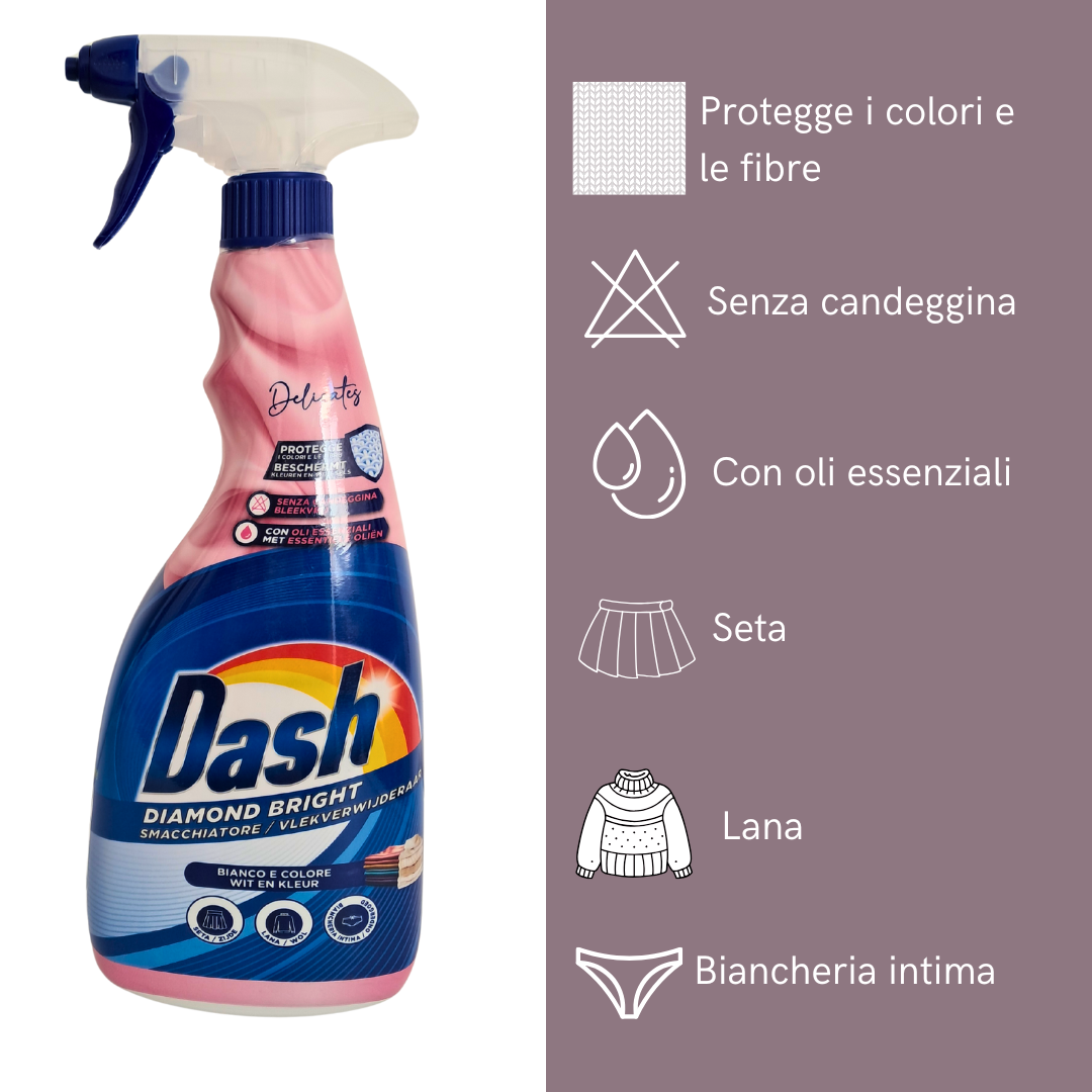 Dash Diamond Bright Spray Smacchiante Delicato con Oli Essenziali -Protegge Colori e Fibre -Per Seta, Lana e Intimo- Capi Bianchi e Colorati 750 ml