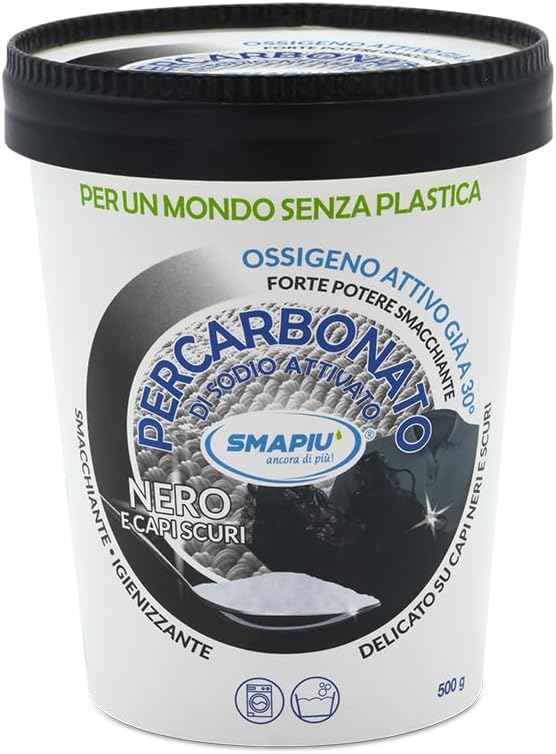 Percarbonato di sodio attivo smacchiante igienizzante ecologico per il bucato dei capi neri e scuri a mano e in lavatrice 500 gr