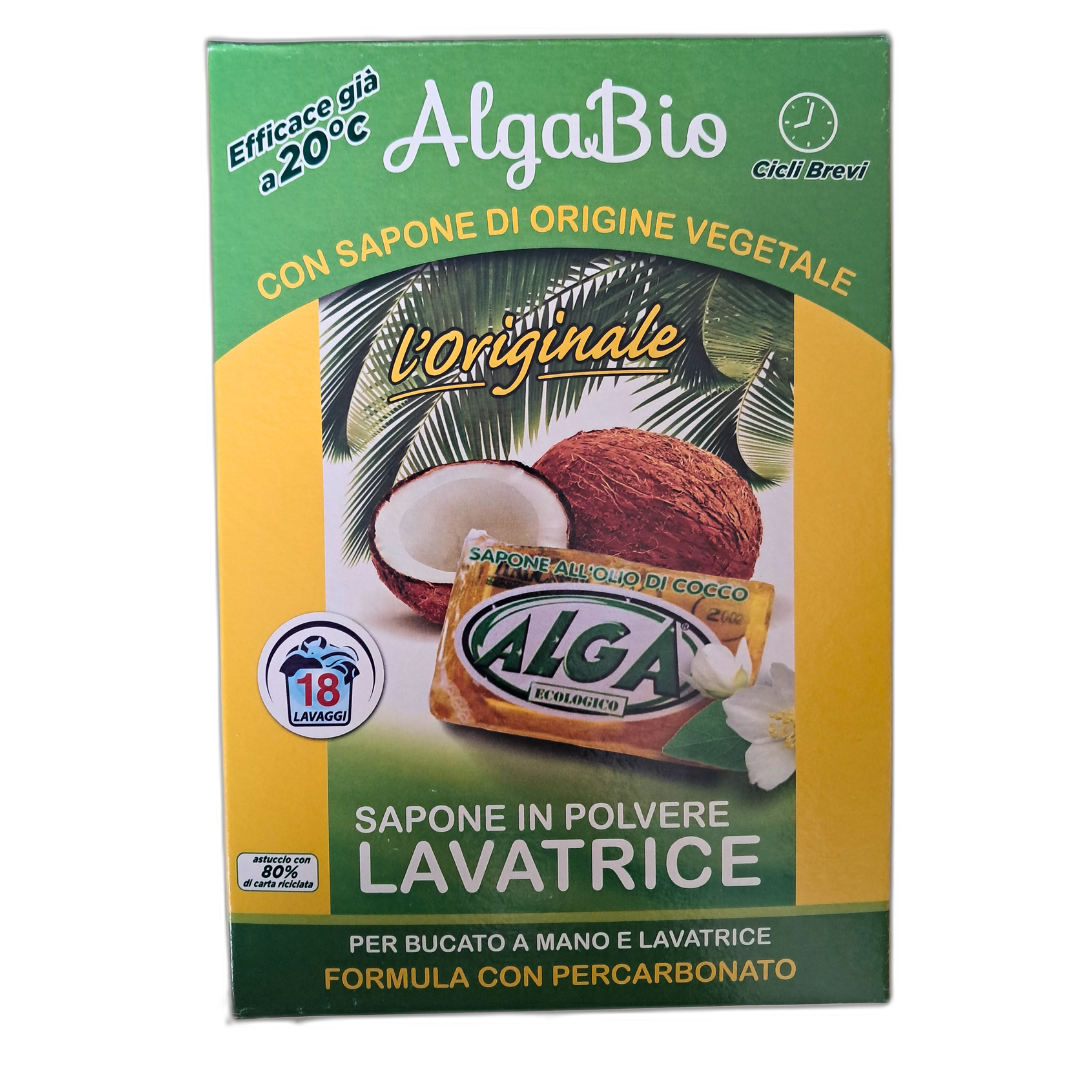 ALGA Bio Sapone in Polvere per Bucato, Detersivo Lavatrice e Lavaggio a Mano con Percarbonato, Formula Concentrata con Origine Vegetale 990g, 18 Lavaggi