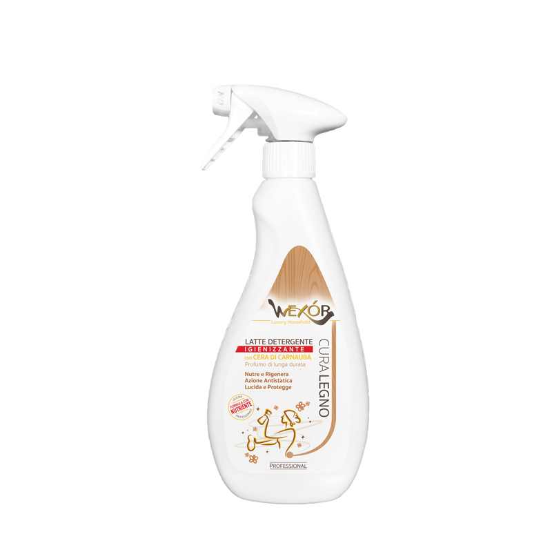Latte Detergente Igienizzante per Legno con Cera di Carnauba, Professionale, Nutre e Rigenera, Azione Antistatica e Lucidante, per Mobili e Superfici -flacone da 500 ml