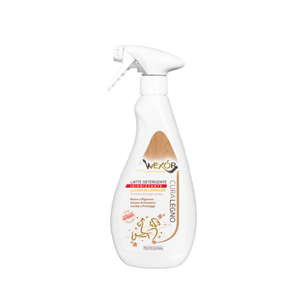 Latte Detergente Igienizzante per Legno con Cera di Carnauba, Professionale, Nutre e Rigenera, Azione Antistatica e Lucidante, per Mobili e Superfici -flacone da 500 ml