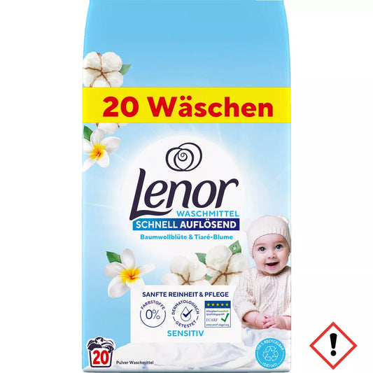 Lenor Detersivo in Polvere Sensitive, Formula Delicata con Fiori di Cotone e Tiare, 20 Lavaggi, 1200g, per Capi Sensibili
