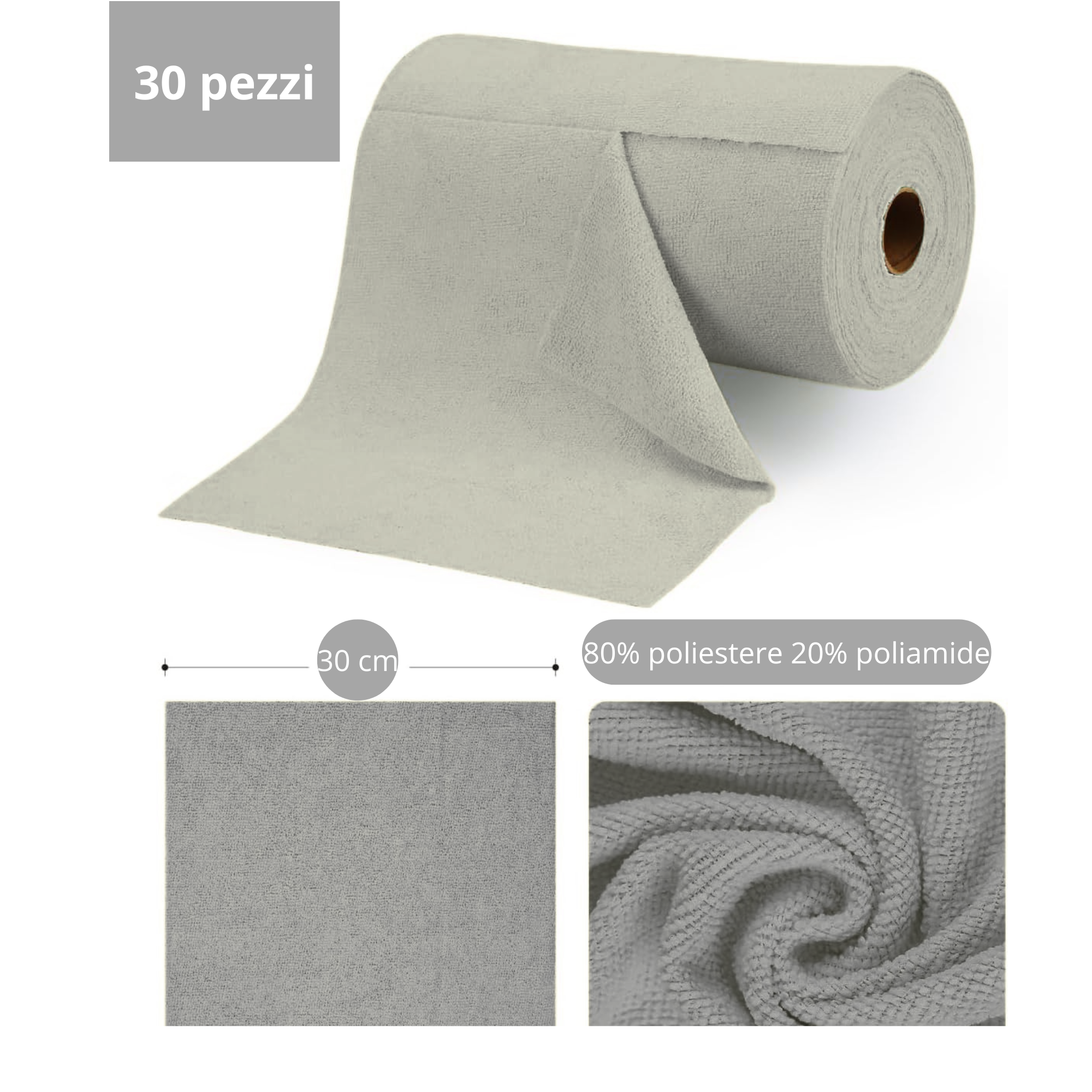 Rotolo panni in microfibra strappabile riutilizzabile lavabile senza pelucchi per pulizia auto casa e cucina 30 strofinacci 30x30 cm per rotolo (Grigio)