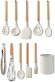 Utensili da cucina bianchi Utensili da cucina in silicone Set con manico multifunzione in legno Spatola antiaderente Mestolo Fruste per uova Pala