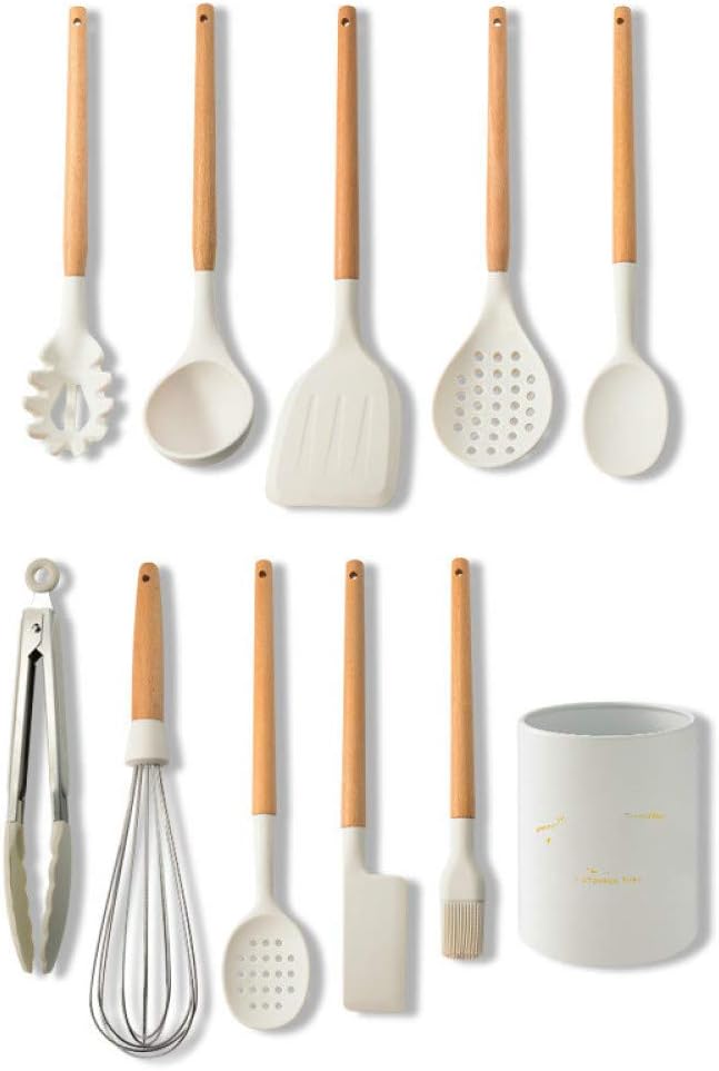 Utensili da cucina bianchi Utensili da cucina in silicone Set con manico multifunzione in legno Spatola antiaderente Mestolo Fruste per uova Pala